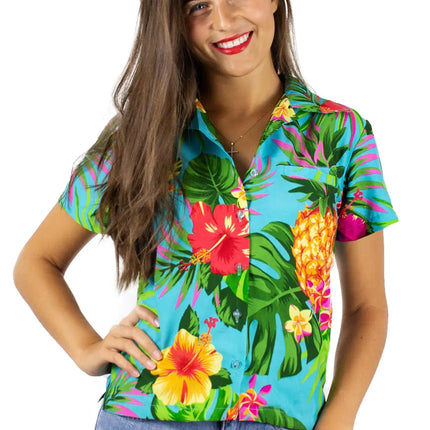 KING KAMEHA Womens Summer-Party-Blouses-Shirts Short-Sleeve Pineapple Turquoise XXL