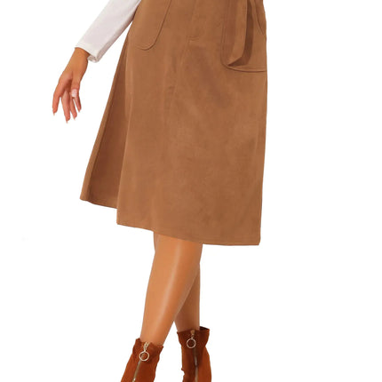 Allegra K Womens Casual Faux Suede Pockets Stretch A-line Midi Skirt with Belt Small Caramel